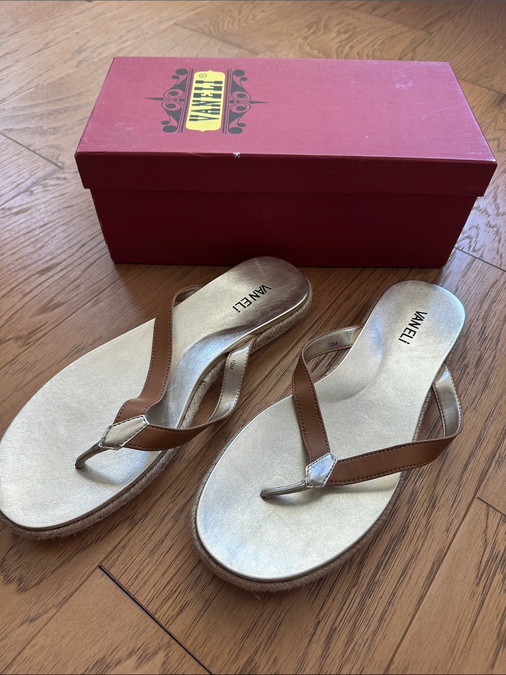 Vaneli Tan Leather Thong Sandals with Gold Metallic Footbed